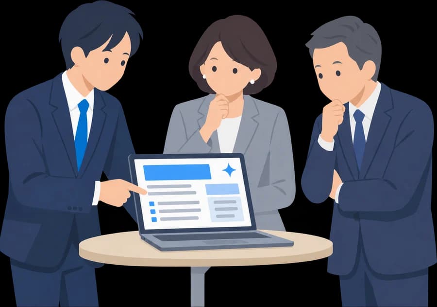 AIが生成した提案書の骨格を、営業チーム3人がノートPCで確認しているイラスト