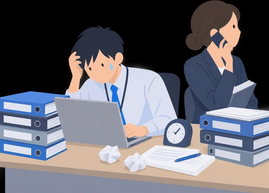 過去の提案書のファイルに囲まれ、新人営業が提案書づくりに苦労しているイラスト