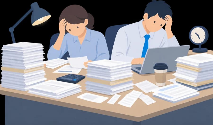夜のオフィスで、経理担当2名が請求書の山に囲まれて残業しているイラスト