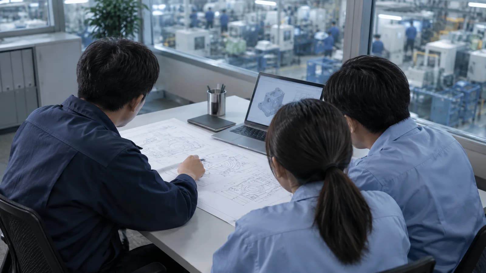 工場の事務所で、エンジニアと現場担当者が図面とノートPCを囲んで話し合っている