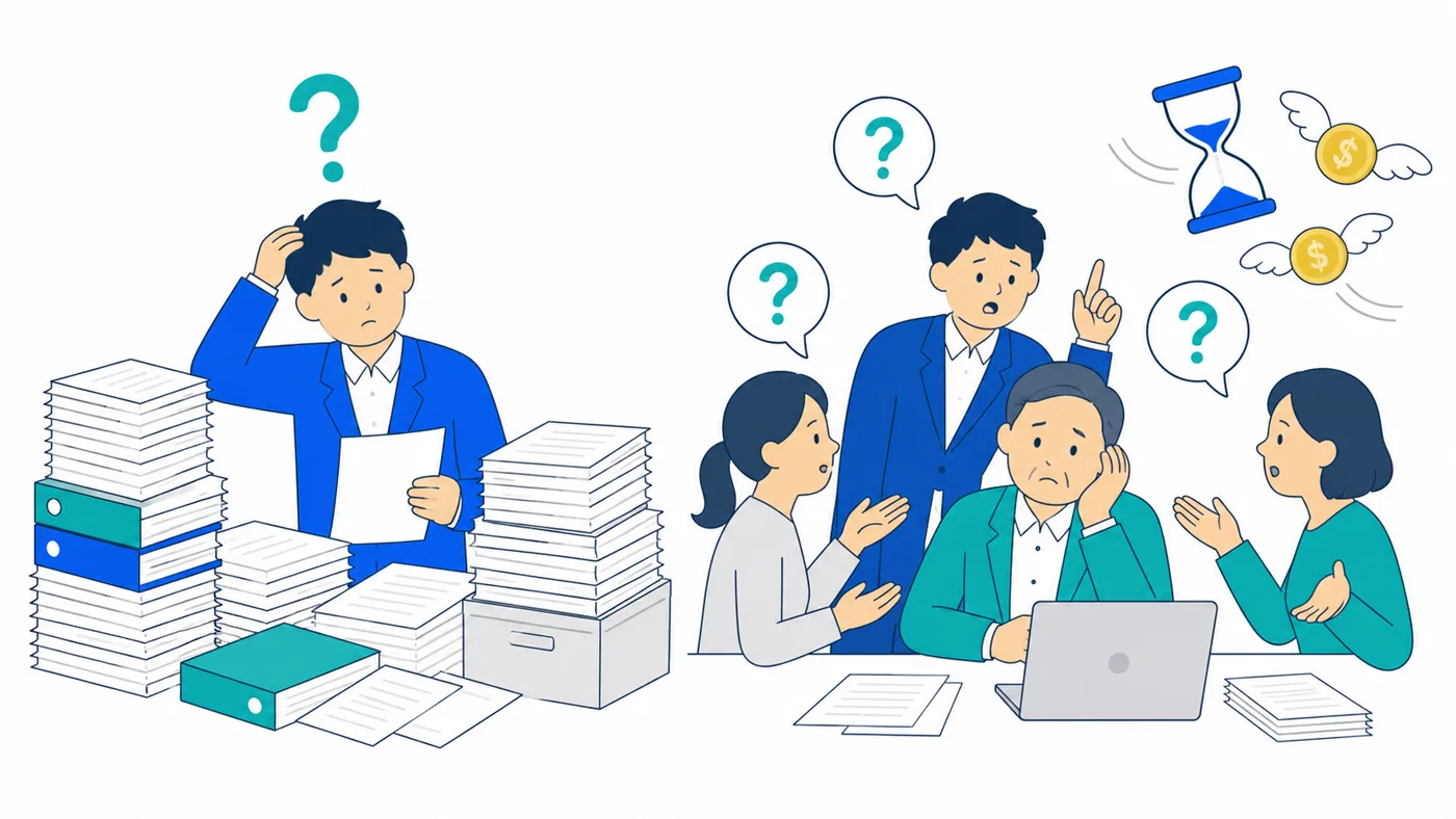 書類の山に埋もれて探し物をする社員と、質問攻めで手が止まるベテランのイラスト
