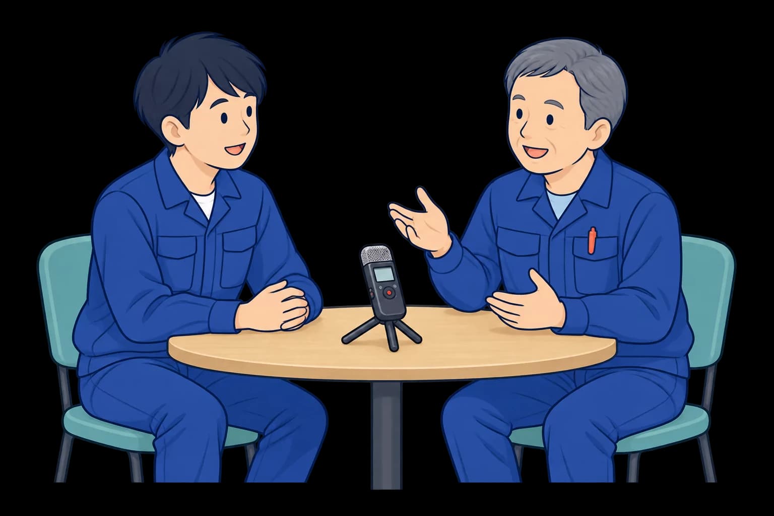 録音機を囲み、若手に仕事の経験を話すベテランのイラスト
