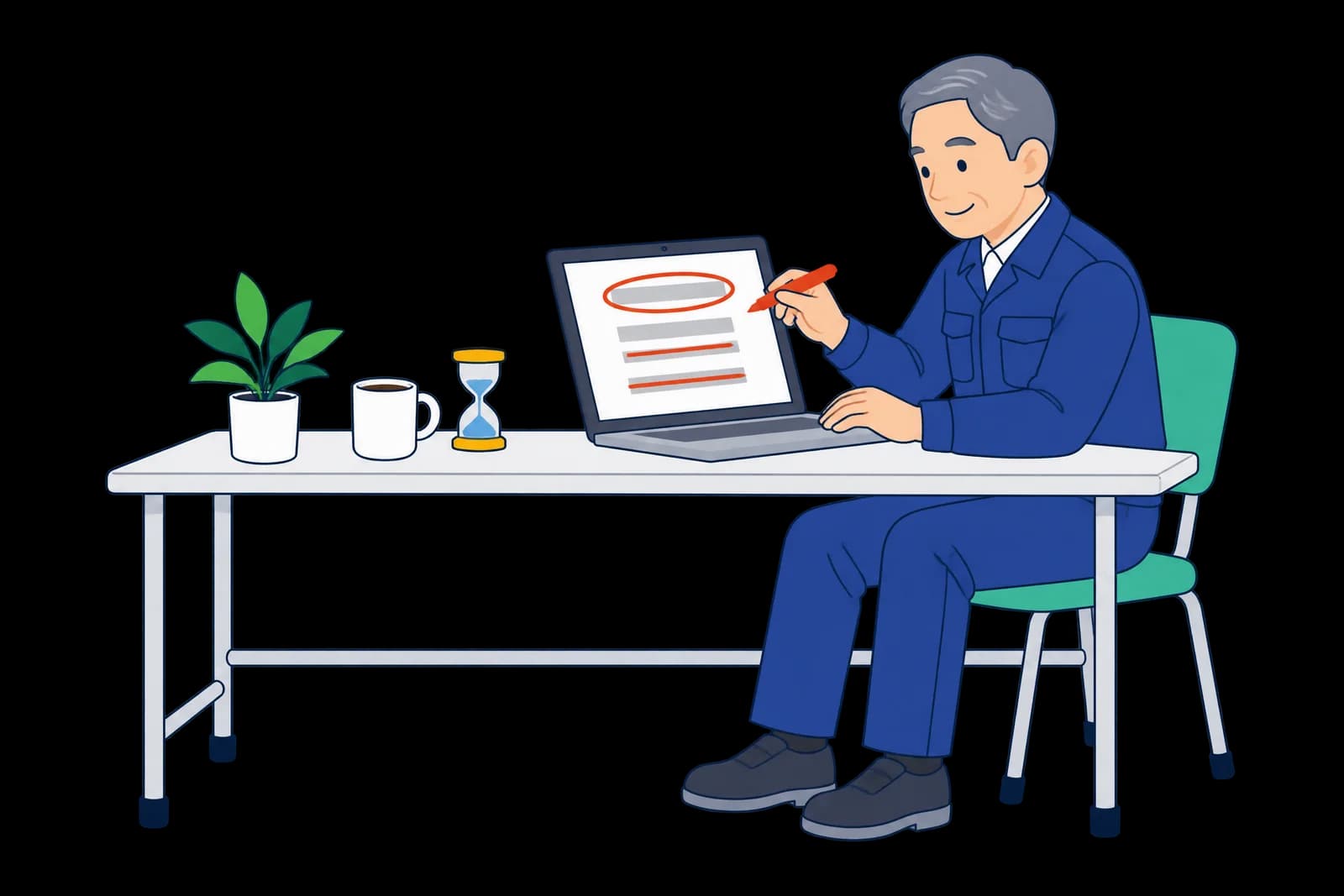 休憩室でコーヒーを横に、ノートパソコンのカードに赤ペンで直しを入れるベテラン